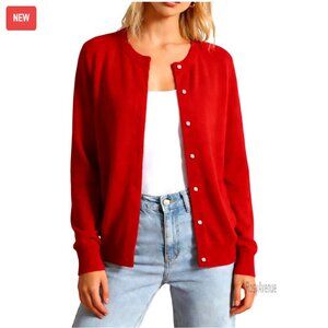 Lightweight Button Front Cardigan Knit Crew Neck Long Sleeve Sweater Elegant